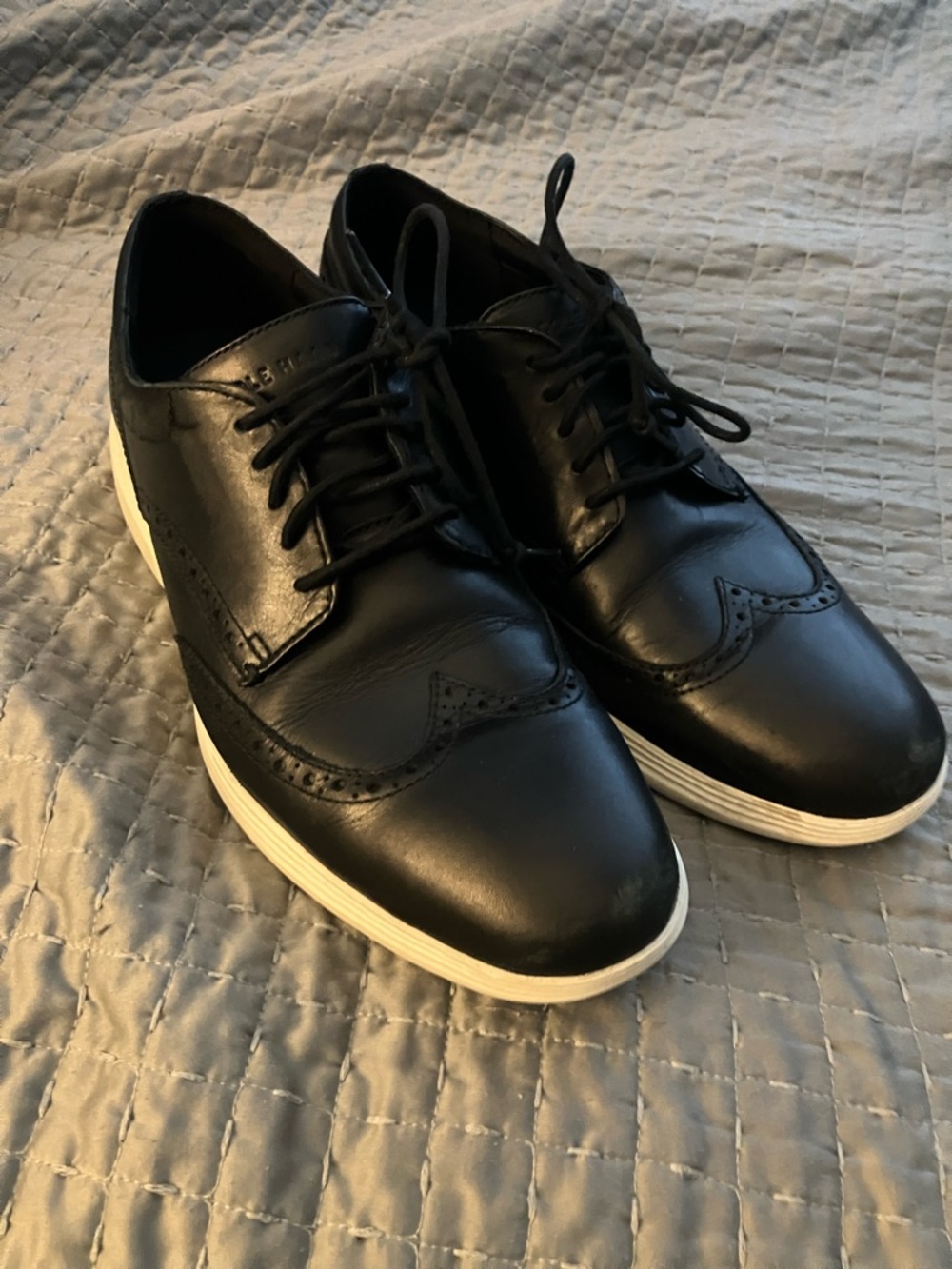 Cole Haan Black Leather Wingtip Oxfords with White Sole